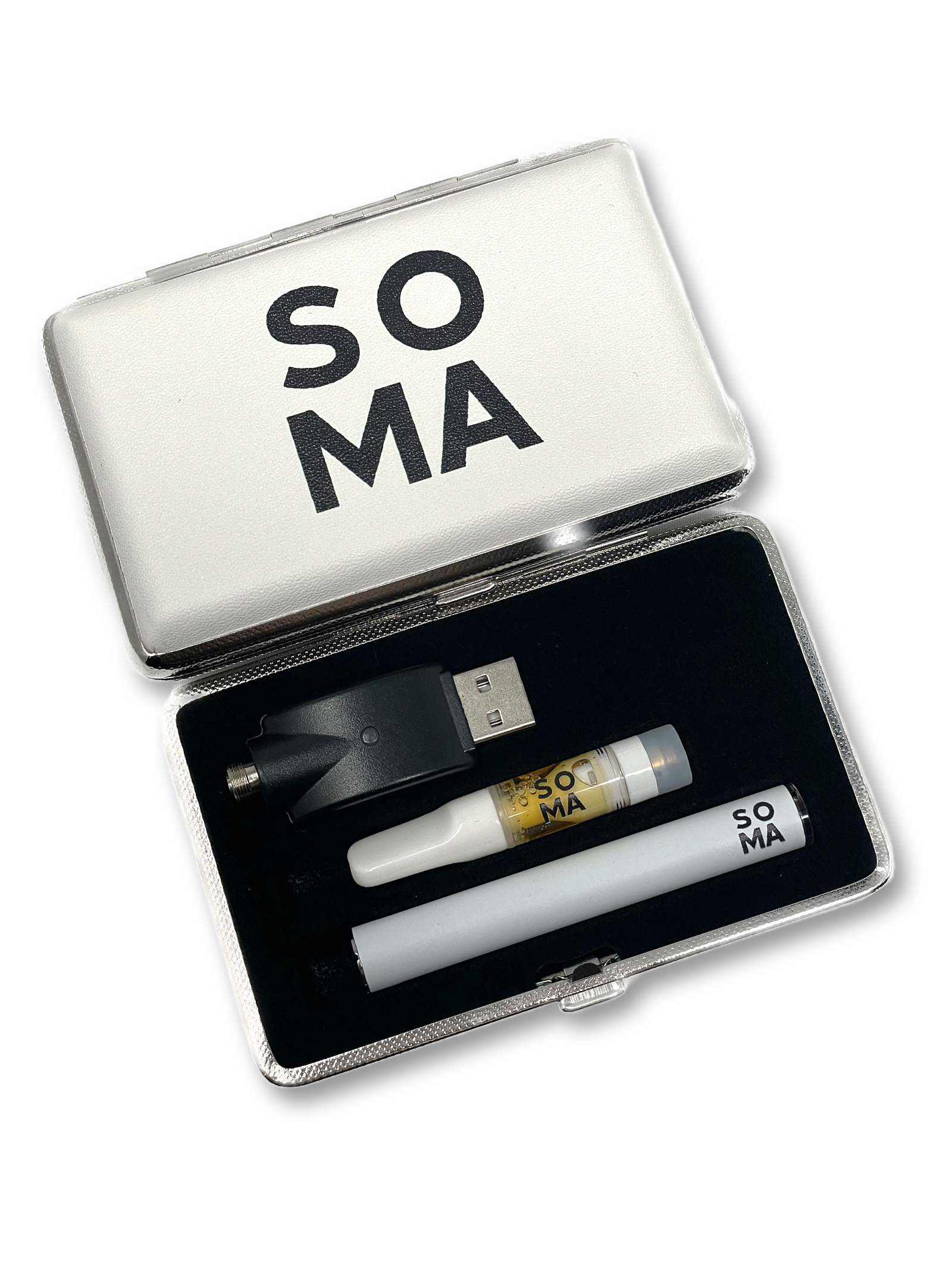 CBD Vape Cart, battery and charger in a Soma branded carry case