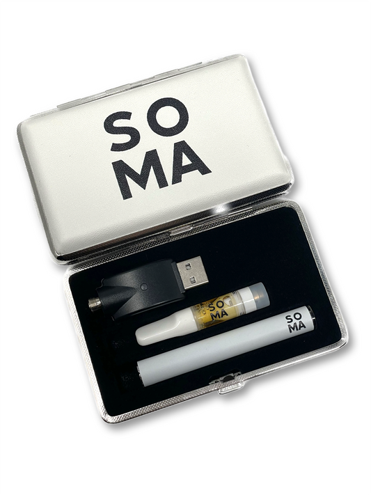 CBD Vape Cart, battery and charger in a Soma branded carry case